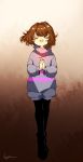  androgynous brown_hair closed_eyes frisk_(undertale) full_body glowing gradient gradient_background hands_clasped heart highres koyashaka open_mouth pantyhose shorts signature solo striped striped_sweater sweater tagme undertale 