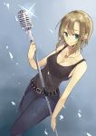  1girl bare_arms bare_shoulders belt blue_background blush breasts brown_hair buckle cleavage closed_mouth collarbone daikon_(tomohiro158) dutch_angle female glint green_eyes highres holding idolmaster idolmaster_cinderella_girls looking_at_viewer microphone microphone_stand necklace pants shatter shirt short_hair simple_background sleeveless sleeveless_shirt smile solo standing star tada_riina tank_top tsurime 