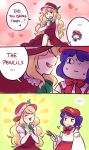  ... 2girls 3koma ^_^ blonde_hair breath closed_eyes colored_pencil comic dolls_in_pseudo_paradise english hands_together hat heart multiple_girls nekolina open_mouth pencil purple_hair spoken_ellipsis sweat touhou triangle_mouth yellow_eyes 