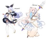  2girls bow breasts character_name cleavage curly_hair dagger dress dual_wielding full_body fur_trim hair_bow lance long_hair multiple_girls original pink_eyes pink_hair polearm red_eyes silver_hair simple_background smile two_side_up weapon white_background yuuhi_homare 