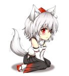  1girl :&lt; animal_ears bare_shoulders blush detached_sleeves geta hat hyoumon_(saihokutan) inubashiri_momiji looking_at_viewer looking_to_the_side pom_pom_(clothes) red_eyes short_hair silver_hair simple_background sitting solo sweat tail tokin_hat touhou white_background wide_sleeves wolf_ears wolf_tail 
