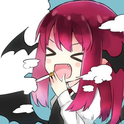  &gt;_&lt; 1girl black_dress closed_eyes demon_girl demon_wings dress fang head_wings juliet_sleeves koakuma long_hair long_sleeves nagata_nagato open_mouth puffy_sleeves redhead shirt smile smoke smoking solo touhou upper_body wings 