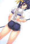  1girl ass blue_hair breasts buruma dutch_angle gym_uniform headband highres large_breasts looking_at_viewer looking_back original short_hair simple_background smile solo uchiu_kazuma white_background 