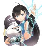  1girl ahoge black_hair blade_arcus_from_shining blue_eyes breasts cleavage clenched_hand hair_ornament hairclip long_hair looking_at_viewer low-tied_long_hair pairon shining_(series) simple_background solo tanaka_takayuki very_long_hair white_background 