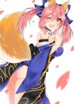  1girl animal_ears ass blue_legwear bow breasts caster_(fate/extra) detached_sleeves fate/extra fate/grand_order fate/stay_night fate_(series) fox_ears fox_tail hair_bow hair_ribbon japanese_clothes large_breasts looking_at_viewer one_eye_closed open_mouth osiimi_(artist) pink_hair ribbon simple_background solo tail v white_background yellow_eyes 