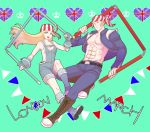  1boy 1girl bandana billy_kane blonde_hair blue_eyes brother_and_sister fatal_fury fingerless_gloves flag flag_print gloves heart lilly_kane long_hair male_focus muscle short_hair siblings snk staff the_king_of_fighters three_section_staff yk 