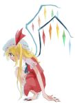  1girl blonde_hair crystal dress fingernails flandre_scarlet full_body hat hat_ribbon long_fingernails long_hair long_toenails mob_cap nail_polish open_mouth profile red_eyes ribbon sakamoto_(pompa) sharp_teeth short_sleeves side_ponytail simple_background smile solo squatting teeth toenails touhou white_background wings 