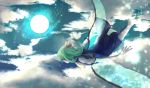  1girl above_clouds absurdres ascot barefoot blue_dress bow clouds daiyousei dress fairy_wings flying from_side full_moon green_hair hair_bow highres light_particles moon moonlight night night_sky short_hair side_ponytail sky solo touhou transparent_wings wings yurinotubomi 