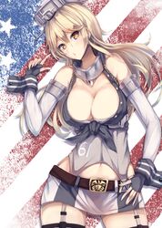  1girl :o american_flag bangs belt black_gloves blonde_hair blue_eyes breasts cleavage cowboy_shot detached_sleeves fingerless_gloves garter_straps gloves headgear highres iowa_(kantai_collection) kantai_collection konkito large_breasts long_hair long_sleeves looking_at_viewer miniskirt navel skirt solo standing star star-shaped_pupils symbol-shaped_pupils thigh-highs 