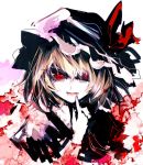  1girl bangs blonde_hair bow eyelashes fang_out finger_to_mouth flandre_scarlet hair_between_eyes hat hat_bow lips looking_at_viewer mob_cap paint_splatter red_eyes scribble short_hair short_sleeves slit_pupils solo touhou uni_(bom19850101) white_background white_pupils 