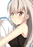  1girl :o bangs bare_shoulders blush haihovothan hair_between_eyes holding holding_pillow long_hair original pillow red_eyes sidelocks silver_hair simple_background solo upper_body white_background 