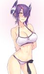  1girl and arms_behind_back bare_shoulders bikini blush breasts cleavage collarbone contrapposto cowboy_shot eyepatch gradient gradient_background groin hair_between_eyes headgear kantai_collection large_breasts light_smile looking_at_viewer navel purple_hair short_hair simple_background solo swimsuit tenryuu_(kantai_collection) white_bikini yellow_eyes 