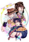  3boys beard character_name collared_shirt facial_hair glasses gloves green_eyes grey_hair happy_birthday hat hat_tip highres imaru_(yashiro19950425) jacket jojo_no_kimyou_na_bouken joseph_joestar joseph_joestar_(young) male_focus multiple_boys multiple_persona necktie open_mouth purple_hair shirt smile white_gloves 