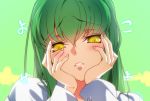  1girl blush c.c. code_geass creayus green_background green_hair hands_on_own_face long_hair looking_at_viewer parted_lips saliva simple_background yandere_trance yellow_eyes 