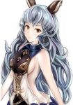  1girl animal_ears bare_back bare_shoulders belt blue_hair breastplate breasts brown_eyes buckle closed_mouth ferry_(granblue_fantasy) granblue_fantasy long_hair looking_at_viewer nannacy7 rabbit_ears sideboob simple_background sleeveless smile solo tareme tassel upper_body very_long_hair wavy_hair white_background 