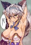  1girl animal_ears armpits arms_behind_head blue_eyes breasts cleavage granblue_fantasy grey_background grey_hair hairband heles highres large_breasts long_hair looking_at_viewer md5_mismatch simple_background solo sweat translated wakura_(gcdan) yellow_eyes 