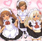  ^_^ alternate_costume alternate_hairstyle apron ascot blonde_hair blue_eyes blush bow brown_eyes brown_hair closed_eyes enmaided fang garter_straps hair_ornament i-401_(kantai_collection) kantai_collection libeccio_(kantai_collection) long_hair looking_at_viewer maid maid_headdress miyamaru navel open_mouth ponytail ro-500_(kantai_collection) skirt skirt_lift smile tan thigh-highs twintails white_legwear 