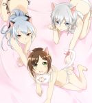  :o anastasia_(idolmaster) bangs blue_eyes blush brown_eyes brown_hair cat_day cat_lingerie earrings highres idolmaster idolmaster_cinderella_girls jewelry long_hair looking_at_viewer maekawa_miku multiple_girls nyan_nyan_nyan_(idolmaster) on_bed open_mouth paw_pose ribbon short_hair silver_hair smile takamine_noa underwear underwear_only yasumoli 