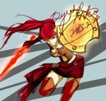  1girl argentate_ragazzo belt black_gloves breastplate buckle character_name dated gloves glowing glowing_weapon gorget greaves green_eyes highres leg_armor long_hair ponytail pyrrha_nikos redhead rwby sarong shield sketch solo sword weapon xiphos_(sword) 