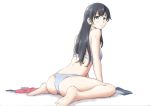  1girl agano_(kantai_collection) aqua_eyes ass bare_legs bare_shoulders black_hair bra breasts kantai_collection long_hair looking_at_viewer open_mouth panties shirt_removed sitting solo underwear vent_arbre wariza white_bra white_panties 