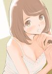  1girl absurdres bangs breasts brown_eyes brown_hair cleavage close-up dtym highres looking_at_viewer original parted_lips solo swept_bangs 