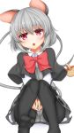  1girl animal_ears black_legwear capelet dress grey_dress head_tilt highres knees_together_feet_apart long_sleeves looking_at_viewer mouse_ears mouse_tail nazrin open_mouth panties panties_under_pantyhose pantyhose red_eyes shirt silver_hair sitting solo tail tokoya touhou underwear upskirt v_arms white_panties 