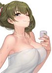  1girl absurdres alcohol ameyame bare_shoulders blush breasts cleavage face green_eyes green_hair highres holding idolmaster idolmaster_cinderella_girls large_breasts looking_at_viewer mole mole_under_eye one_eye_closed revision sake simple_background smile solo takagaki_kaede towel wet white_background 