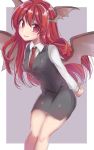  1girl asa_(coco) bat_wings blush colored_eyelashes head_wings koakuma lavender_background long_hair long_sleeves looking_at_viewer necktie red_eyes redhead shirt skirt skirt_set smile solo touhou vest wings 