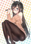  1girl animal_ears black_hair black_legwear blue_eyes blush cat_ears cozyquilt extra_ears glasses hair_ornament hairclip highres long_hair looking_at_viewer off_shoulder original pantyhose red-framed_glasses solo stylus sweater 