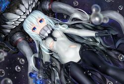  1girl aki99 black_legwear blue_eyes bodysuit bubble dutch_angle gloves headgear highres kantai_collection long_hair looking_at_viewer monster pale_skin shinkaisei-kan silver_hair sinking solo submerged tears torn_clothes wo-class_aircraft_carrier 