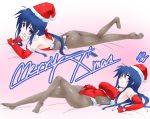  1boy 1girl blue_hair bodysuit christmas dual_persona elbow_gloves gloves hat long_hair lying merry_christmas owari_no_chronicle pantyhose santa_costume santa_hat shinjou_sadagiri shinjou_sadame shinjou_setsu shirogane_(cufsser) 