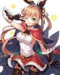  1girl black_gloves black_legwear blush breasts brown_hair cape clarisse_(granblue_fantasy) gloves granblue_fantasy green_eyes hair_ribbon long_hair looking_at_viewer one_eye_closed open_mouth ponytail ribbon ririko_(zhuoyandesailaer) skirt smile solo thigh-highs v 