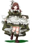  adapted_costume alternate_costume apron brown_eyes brown_hair dress enmaided green_dress kantai_collection long_hair machinery maid maid_headdress neckerchief ooi_(kantai_collection) open_mouth school_uniform serafuku skirt skirt_lift smile tatsumi_rei torpedo turret 