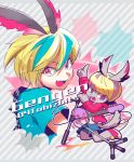  2boys animal_ears blonde_hair dual_persona furry gengen_(show_by_rock!!) grey_background guitar instrument jumping male_focus microphone multicolored_hair multiple_boys pink_eyes pointing pointing_up projected_inset ringed_eyes shirt shorts show_by_rock!! streaked_hair striped striped_background t-shirt yamano 