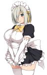  1girl :o alternate_costume apron black_dress blue_eyes blush bow bowtie breasts chestnut_mouth dress elbow_gloves enmaided gloves hair_ornament hair_ribbon hairclip hamakaze_(kantai_collection) kantai_collection kuronyan large_breasts looking_at_viewer maid maid_headdress open_mouth puffy_short_sleeves puffy_sleeves ribbon shiny shiny_skin short_hair short_sleeves silver_hair simple_background solo standing tareme thigh-highs thighs v_arms white_background white_gloves white_legwear yellow_bow yellow_bowtie yellow_ribbon zettai_ryouiki 