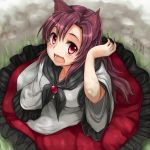  1girl animal_ears brooch brown_hair fangs from_above imaizumi_kagerou jewelry long_hair monrooru nail_polish open_mouth red_eyes red_nails solo touhou wolf_ears 