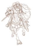  2girls armor cape fujino_shizuru full_body horse huu00 knight kuga_natsuki monochrome multiple_girls my-hime princess riding sword weapon 