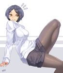  /\/\/\ 1girl :d artist_name blue_hair blush breasts brown_legwear eyebrows eyebrows_visible_through_hair grin hayami_kanade idolmaster idolmaster_cinderella_girls jjune knee_up long_sleeves open_mouth pantyhose short_hair shorts simple_background sitting smile solo sweater teeth turtleneck two-tone_background yellow_eyes 