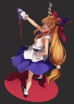  1girl bare_arms belt blonde_hair codec007 fang gourd hair_between_eyes horn_ribbon horns ibuki_suika long_hair looking_at_viewer low-tied_long_hair oni_horns open_mouth outstretched_arm ribbon shirt skirt sleeveless sleeveless_shirt smile solo touhou very_long_hair wrist_cuffs yellow_eyes 