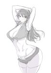  abs absurdres alternate_costume armpits arms_up bangs blush cutoffs fang hair_between_eyes headband highres hometa kantai_collection long_hair navel shirt sketch tied_shirt 