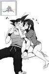  1boy 1girl barefoot blush breasts chi-chi_(dragon_ball) dragon_ball dragon_ball_z hand_on_another&#039;s_face harumaki heart hetero long_hair monochrome no_pants one_eye_closed open_clothes open_shirt panties polka_dot shirt sitting son_gokuu underwear white_background 