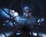  2015 artist_name blue_eyes blue_hair breasts cleavage cockpit dated dead-robot explosion headphones long_hair looking_at_viewer pilot_suit planet sitting space space_craft star 