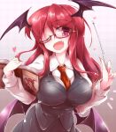  1girl between_breasts book breasts demon_girl demon_wings fangs fumitsuki_(minaduki_6) glasses head_wings heart juliet_sleeves koakuma large_breasts long_hair long_sleeves looking_at_viewer necktie necktie_between_breasts one_eye_closed open_mouth puffy_sleeves red_eyes redhead shirt skirt skirt_set smile solo stick touhou vest wings 