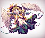  1girl angel_wings blue blush boots covering_mouth dutch_angle eyeball full_body gradient gradient_background green_hair hat hat_ribbon heart heart_of_string komeiji_koishi long_hair long_sleeves looking_to_the_side mimureem ribbon shirt skirt solo string third_eye touhou wide_sleeves wings 