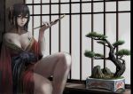  1girl black_hair breasts cleavage earrings eyeliner grey_eyes hair_ornament highres japanese_clothes jewelry jittsu kimono kiseru looking_at_viewer makeup off_shoulder original parted_lips pipe plant potted_plant short_hair sitting solo 