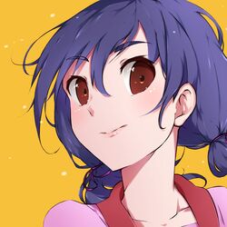  1girl artist_request bakemonogatari blue_hair blush brown_eyes hair_ribbon highres kanbaru_suruga lips looking_at_viewer medium_hair monogatari_(series) ribbon rosy_cheeks school_uniform short_hair simple_background smile solo twintails 