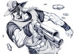  1boy blurry bullet cigarette cleft_chin cowboy_hat crosshatching emperor_(stand) graphite_(medium) gun hat highres hol_horse jojo_no_kimyou_na_bouken long_hair male_focus monochrome mouth_hold muscle nobita solo stand_(jojo) traditional_media veins weapon wristband 