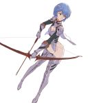  1girl arrow ayanami_rei blue_hair boots bow_(weapon) cape elbow_gloves gloves hair_ornament highres leotard loped neon_genesis_evangelion plugsuit red_eyes thigh-highs thigh_boots weapon 
