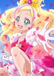  1girl aikawa_yousuke blonde_hair blue_background blue_eyes bow clenched_hand cure_flora earrings eyebrows flower flower_earrings flower_necklace gloves go!_princess_precure haruno_haruka jewelry long_hair looking_at_viewer magical_girl multicolored_hair necklace outstretched_hand petals pink_bow pink_hair pink_skirt precure skirt smile solo squatting streaked_hair thick_eyebrows two-tone_hair white_gloves 