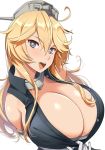  1girl blonde_hair blue_eyes blush breasts cleavage elbow_gloves gloves headgear highres huge_breasts iowa_(kantai_collection) kantai_collection kloah long_hair looking_at_viewer open_mouth simple_background solo star star-shaped_pupils symbol-shaped_pupils white_background 